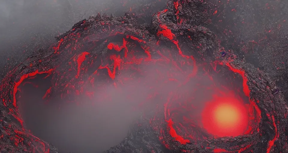 Image similar to a volcano made of ivory vines and crimson rocks enters in eruption, it spits a smoke in the shape of demonic eye, from Warcraft