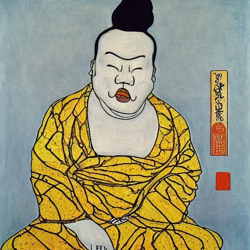 Prompt: hotei budai painting by egon schiele glitter iglitch datamosh