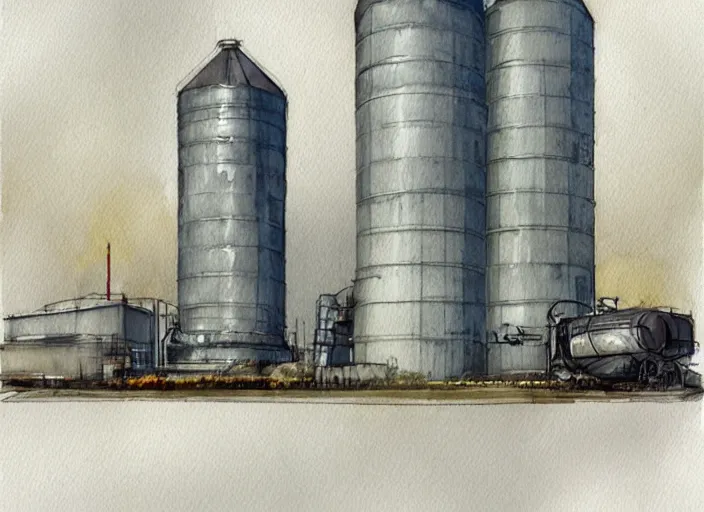 Prompt: concept art of a industrial complex silo, pinterest, artstation trending, behance, watercolor, by coby whitmore, silver, laser light,