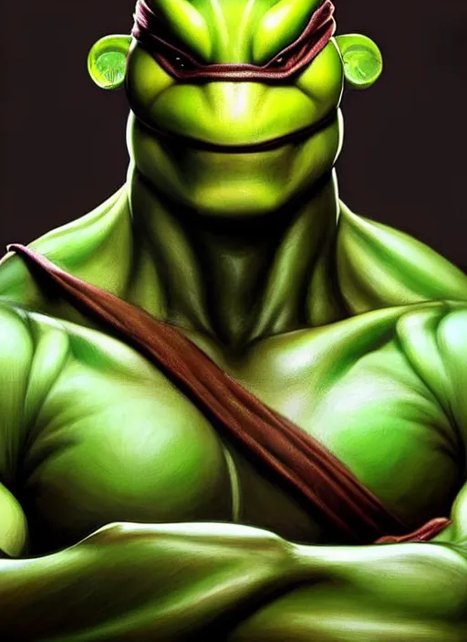 Image similar to portrait of leonardo from teenage mutant ninja turtle, muscular! turtle shell in the back!, intricate, elegant, highly detailed, green skin!, digital painting, artstation, concept art, smooth, sharp focus, illustration, art by artgerm and greg rutkowski and alphonse mucha