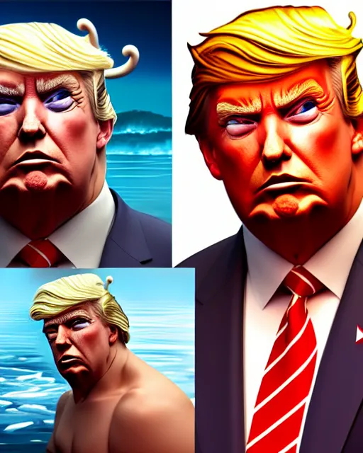 Image similar to character concept art of donald trump as poseidon | cute - fine face, pretty face, realistic shaded perfect face, fine details by stanley artgerm lau, wlop, rossdraws, james jean, andrei riabovitchev, marc simonetti, and sakimichan, tranding on artstation