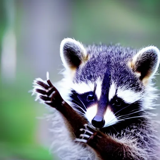 Prompt: a cute baby raccoon playing with a white sneaker shoe, strings undone, highly detailed, award winning, national geographic wildlife photo, bokeh, 5 0 mm f 1. 4, soft lighting