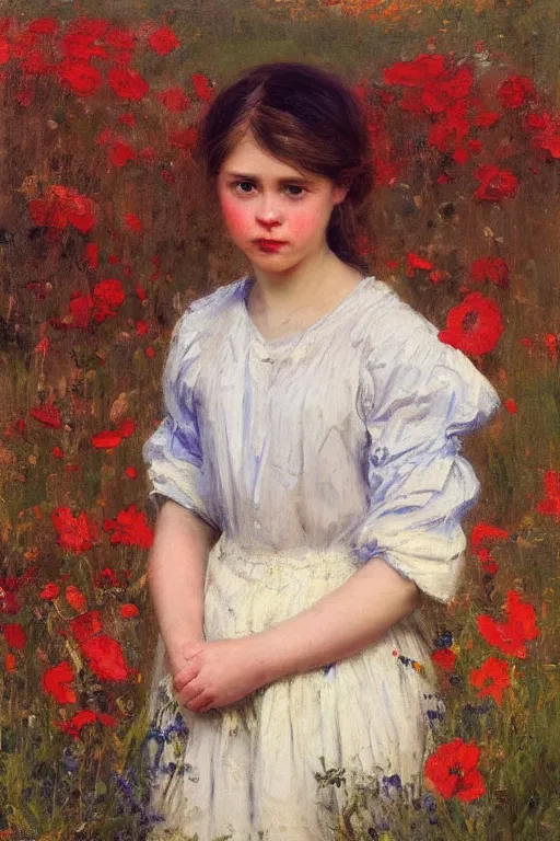 Image similar to Solomon Joseph Solomon and Richard Schmid and Jeremy Lipking victorian genre painting portrait painting of a plain young village girl in an open field of flowers, red background