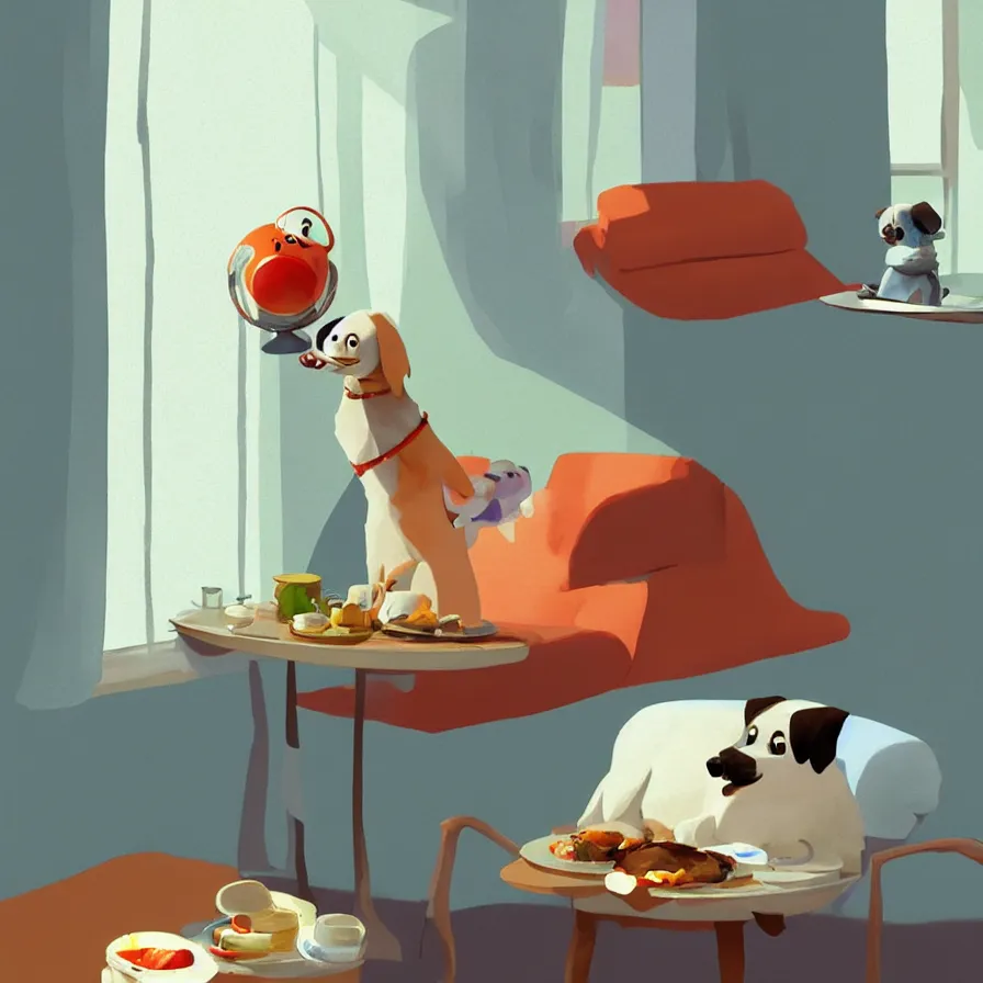 Image similar to Goro Fujita illustrating A dog on a sofa staring at the food dish under the window in the living room, art by Goro Fujita, sharp focus, highly detailed, ArtStation