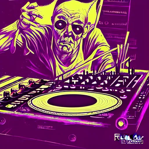 Image similar to graphic illustration, creative design, a witch on the dj decks, biopunk, francis bacon, highly detailed, hunter s thompson, concept art