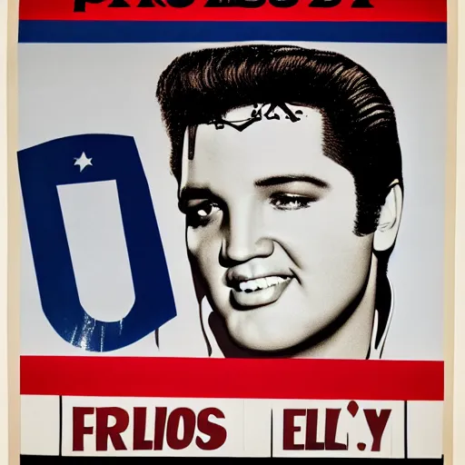 Prompt: campaign poster for elvis presley's presidential run, showing elvis in a suit standing in front of the american flag