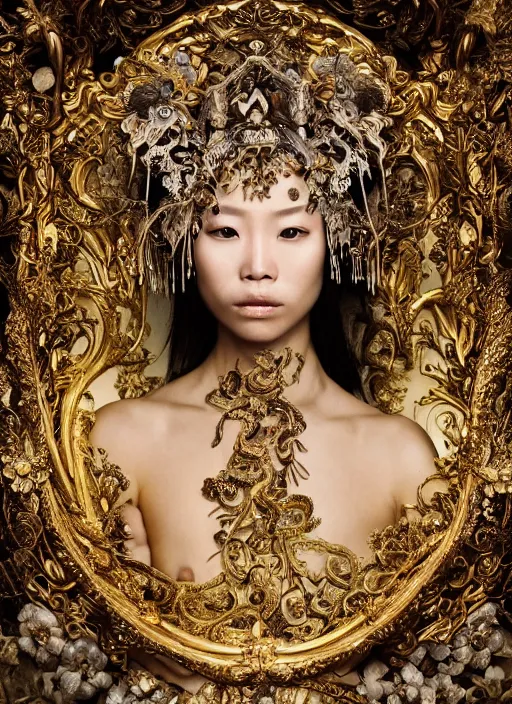 Image similar to a portrait of asian female by stefan geselle and nekro borja, photorealistic, intricate details, hyper realistic, fantasy, elegant, baroque gold headpiece, photorealistic, canon r 3, photography, wide shot, symmetrical features, symmetrical pose, wide angle shot, head to toe, standing pose, feet on the ground, wearable art