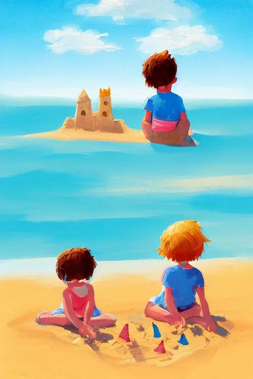 Prompt: Two children sitting on the beach, making sandcastles, blue sky, digital painting, artstation, children's book, smooth, sharp focus, behance, HD, by Benji Davies