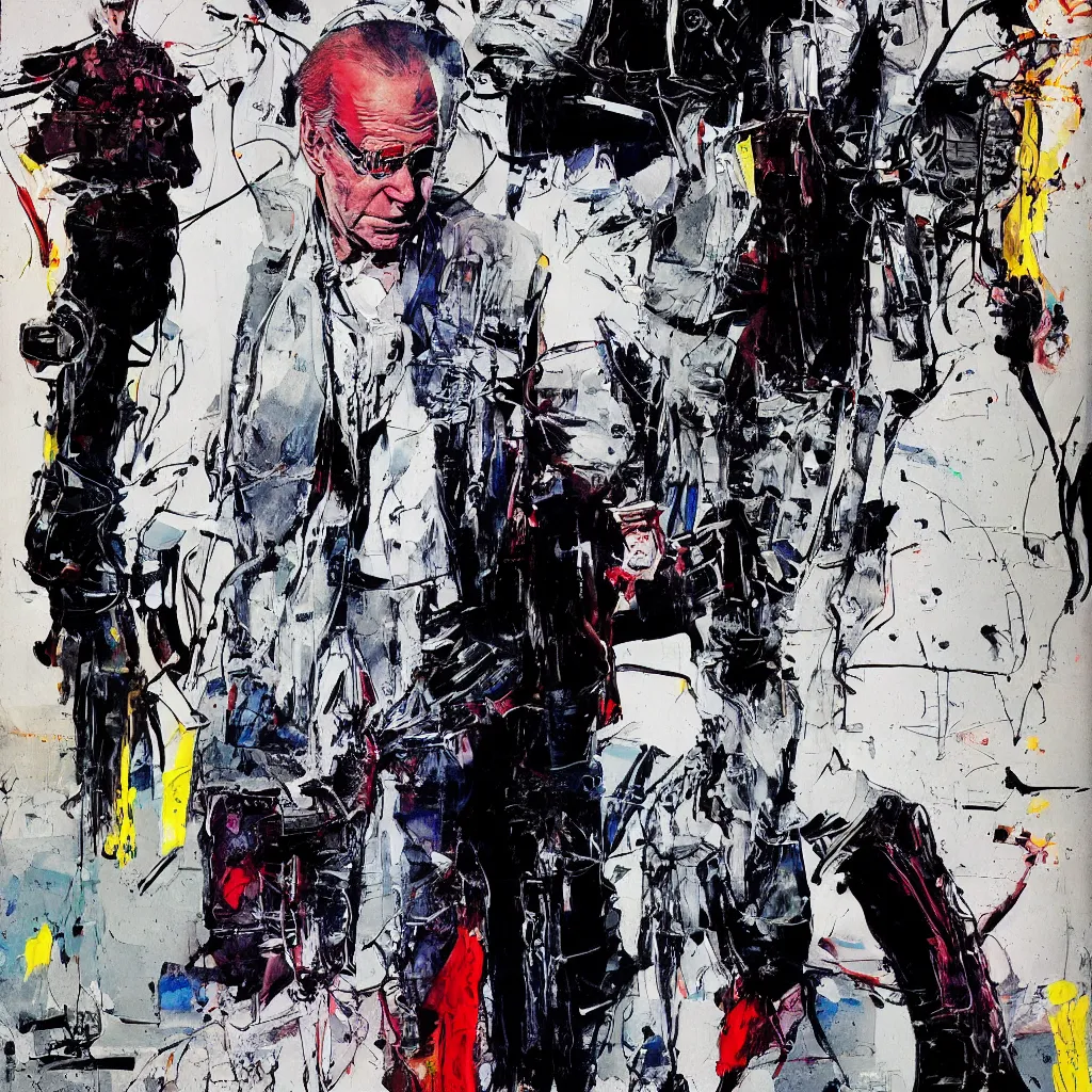 Image similar to Joe Biden full body portrait, Techwear, Cyberpunk, painting by Ralph Steadman, Francis Bacon, Hunter S Thompson