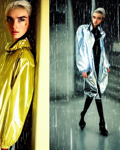 Image similar to detailed portrait kodak portra 800; grainy film European Pretty Young Girl Storm Rain bladerunner movie Reflective jacket coat, Futuristic sci-fi fashion, royal attire Perfect face, fine details, realistic shaded, fine-face, pretty face