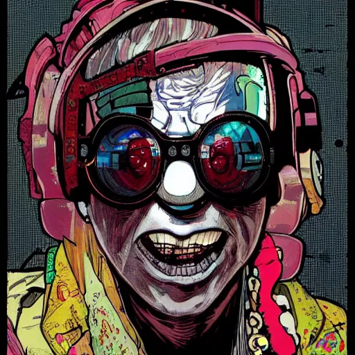 Prompt: cyberpunk clown cyborg portrait, illustration, pop art, splash painting, art by geof darrow, ashley wood, alphonse mucha, makoto shinkai