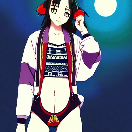 Image similar to a beautiful boyish kat dennings alluring gravure model, wearing oversized mayan bomber jacket and leotard with overalls, bulky poofy aztec native style bomber jacket with mayan patterns, gapmoe yandere grimdark, trending on pixiv fanbox, painted by greg rutkowski makoto shinkai takashi takeuchi studio ghibli, akihiko yoshida