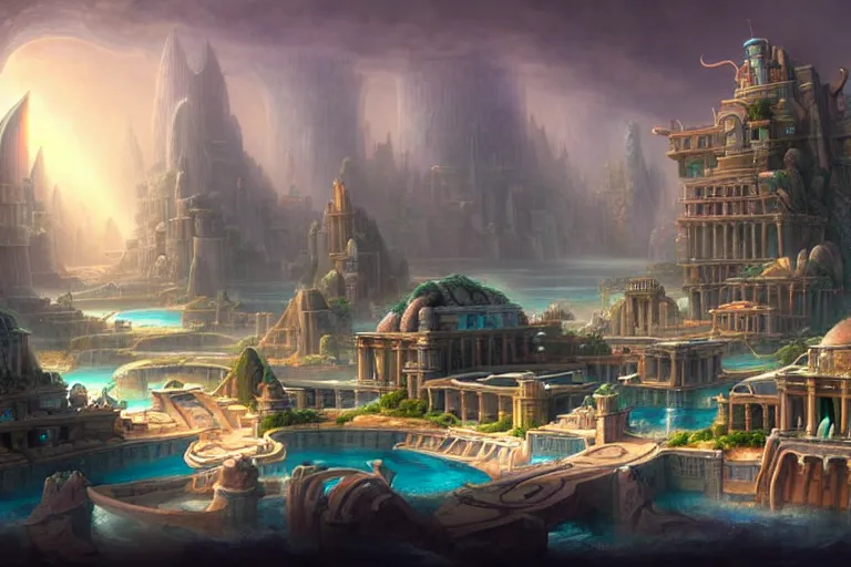 Image similar to a beautiful complex insanely detailed matte painting of the magical city of Atlantis by Heironymous Bosch and Tyler Edlin