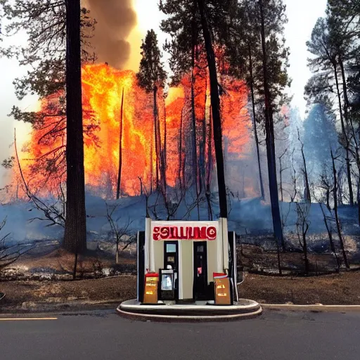 Prompt: a beautiful photo of a Gas station engulfed in a forest fire