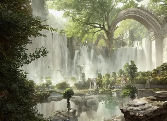 Image similar to A hot spring in a beautiful elven city made of white marble, anime, lush trees, fountain, a fantasy digital painting by Greg Rutkowski and James Gurney, trending on Artstation, highly detailed