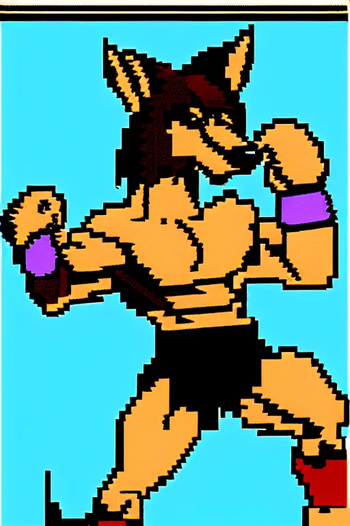 Image similar to extreme long shot. 8 bit nes graphics. hermann nitschantropomorphic muscular masculine wolf. kickboxer fighter, in shorts. wolf head. art from nes game cartridge,