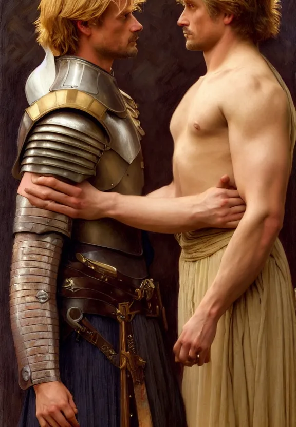 Image similar to attractive handsome fully clothed jaime lannister confesses his love for attractive fully armored brienne of tarth. centered composition. highly detailed painting by gaston bussiere and j. c. leyendecker and william adolphe bouguereau and fra angelico and octane render, musee d'orsay 8 k