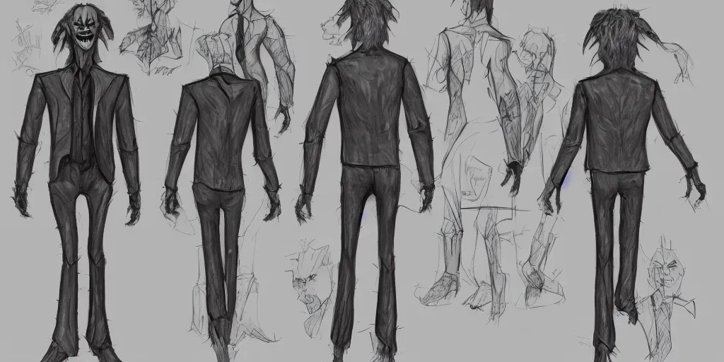 Image similar to Full body goblin, ripped suit, grinning, smile, concept sheet