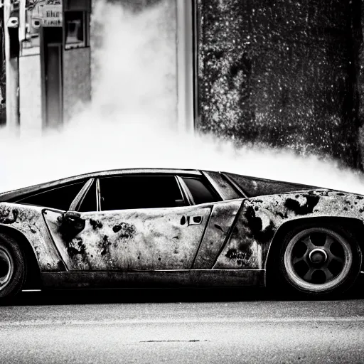 Image similar to black and white press photograph of a rusted abandoned lamborghini on a busy city street, sideview, detailed, natural light, mist, film grain, soft vignette, sigma 5 0 mm f / 1. 4 1 / 1 0 sec shutter, imax 7 0 mm footage