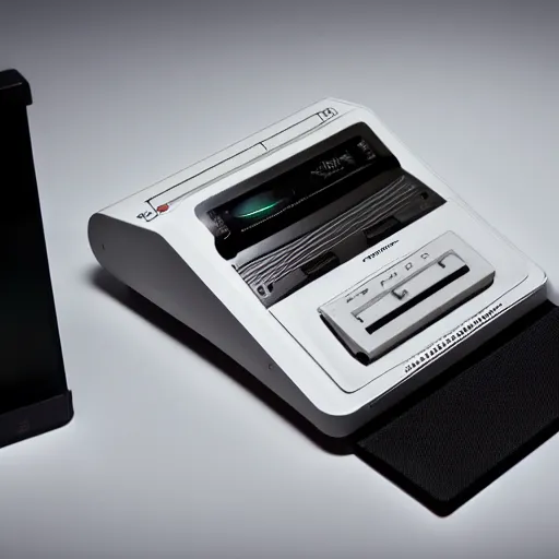 Prompt: futuristic cassette player designed by johnny ive, award - winning product photography, studio lighting, background, ultra detailed, sharp focus,