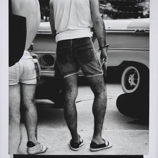 Image similar to fidel castro wearing denim shorts, from behind, full body portrait, 3 5 mm film, by nan goldin