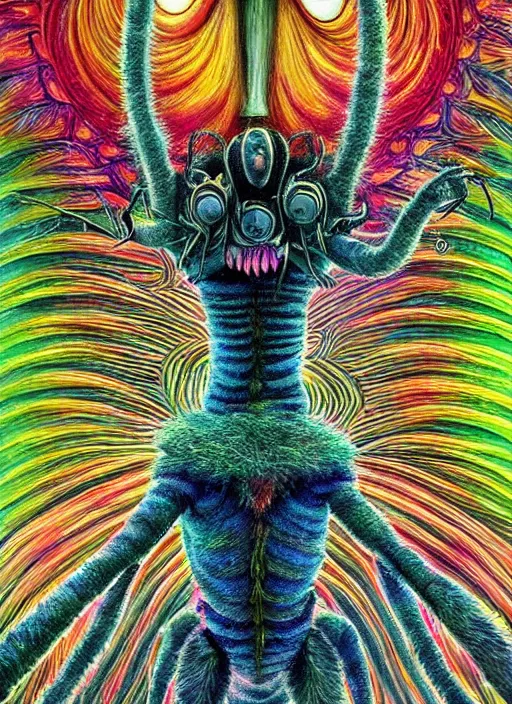 Prompt: a high quality photo of a strange insectoid muppet god with furry fuzzy body and many segmented legs and hypnotic eyes, lightning in the background, absurdist fantasy, sharp focus, vibrant, vivid, symmetry, highly detailed, cinematic, intricate lines, concept art by giger, lisa frank, alex grey