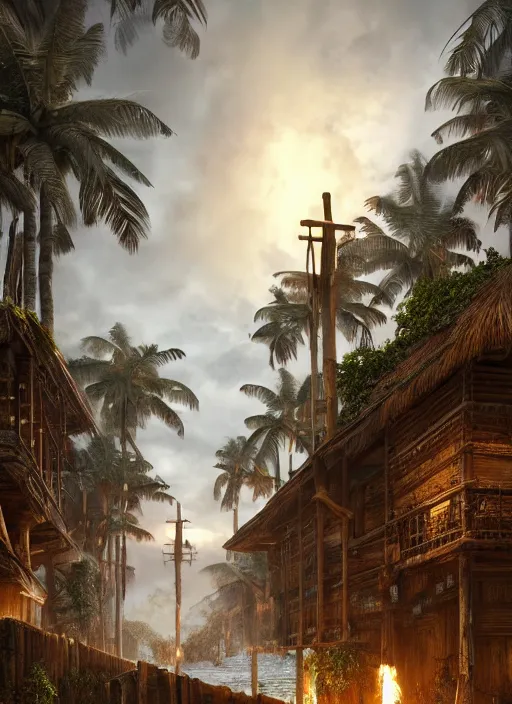 Image similar to wooden palisade wall on a tropical island kit by torches in a Storm night, intricate Details, raphael lacoste, eddie mendoza, alex ross, concept art, matte painting, highly detailed, rule of thirds, dynamic lighting, cinematic, detailed, denoised, centerd, clean render