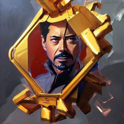 Prompt: greg manchess portrait painting of tony stark in a golden frame, medium shot, asymmetrical, profile picture, organic painting, sunny day, matte painting, bold shapes, hard edges, street art, trending on artstation, by huang guangjian and gil elvgren and sachin teng