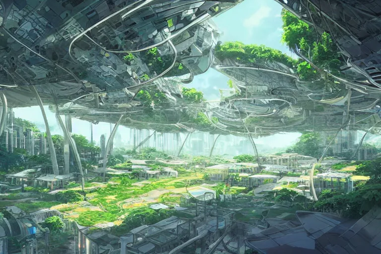 Image similar to A futuristic colony under construction in the amazonian jungle, hanging veins, peaceful landscape, solarpunk, wide perspective, no humans, soft lighting, anime film still, by Makoto Shinkai and studio ghibli, cell shading, high details