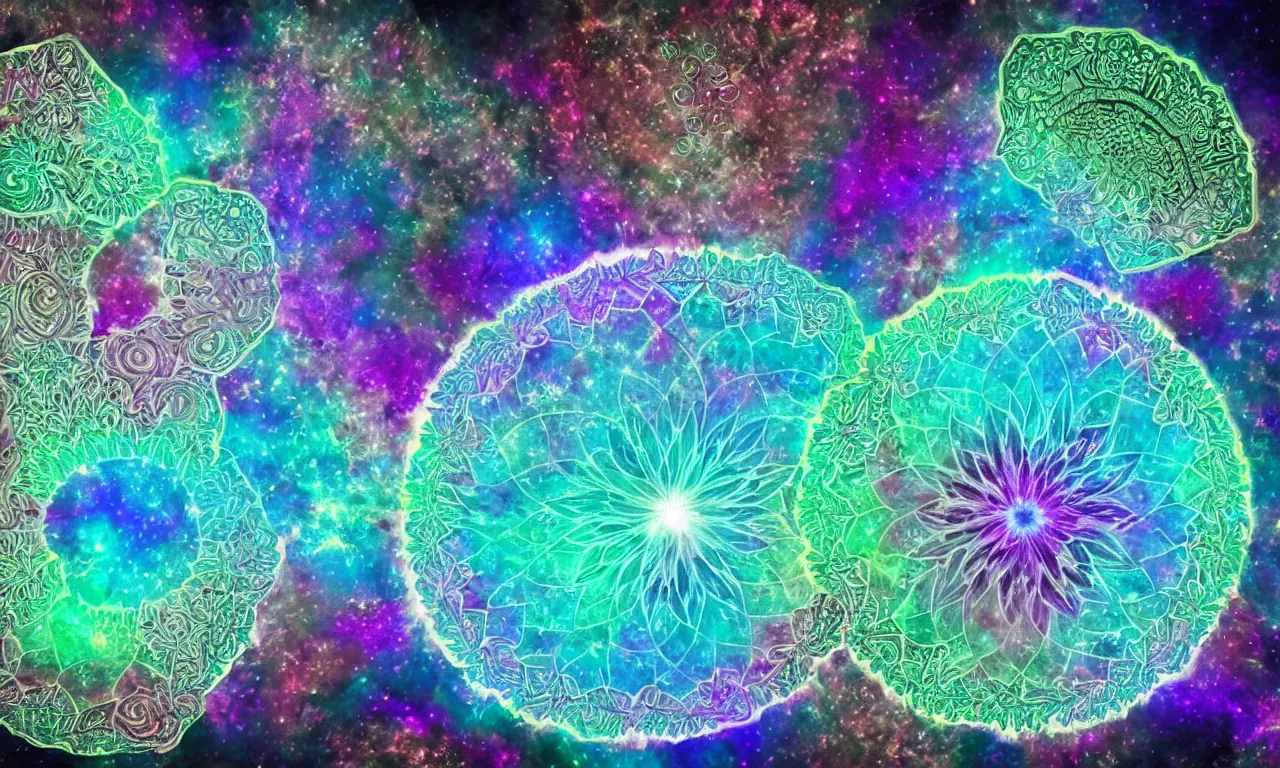 Image similar to fractal mandala nebula psy trip digital color stylized an ancient white bone and emerald gemstone relic, intricate engraving concept art style