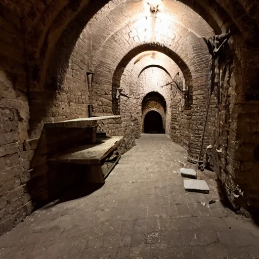 Image similar to an old medieval dungeon with rusty mechanical equipment,