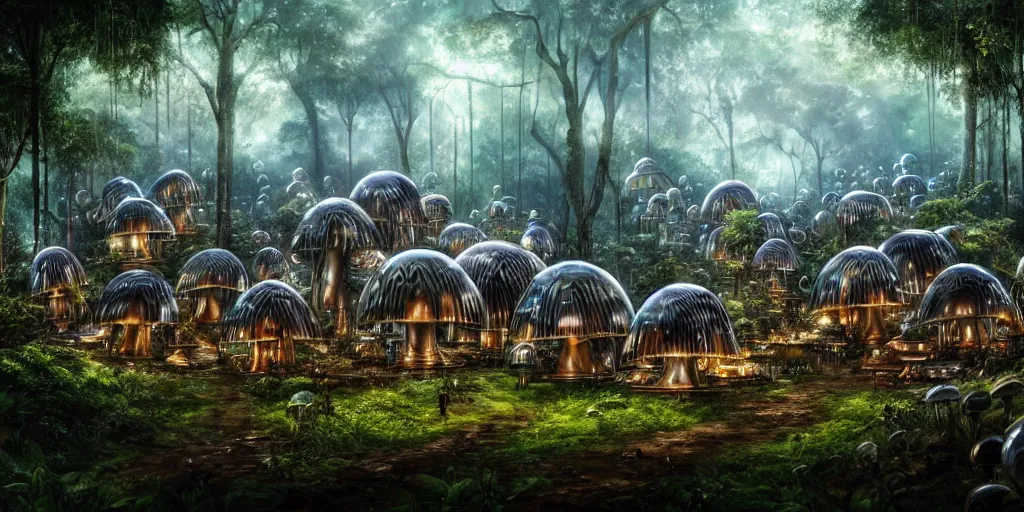 Image similar to a clearing in the jungle reveals a chrome metal village full of mushroom houses, matte oil painting, cybernetic, science fantasy, retrofuturistic, biblical, rpg, queer, pride, epic, extremely detailed, sharp focus, 4 k