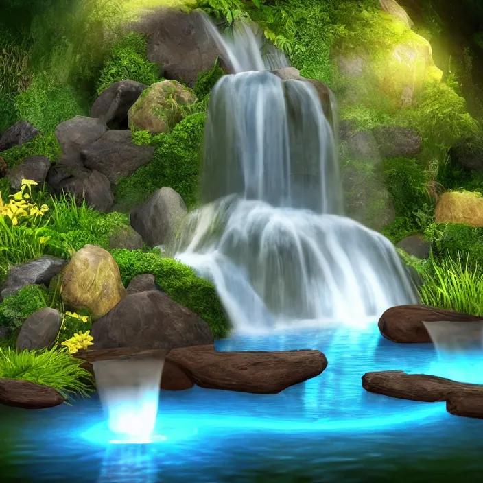 Image similar to Single waterfall with treasure hidden behind the water stream, photo realistic, glowing chest