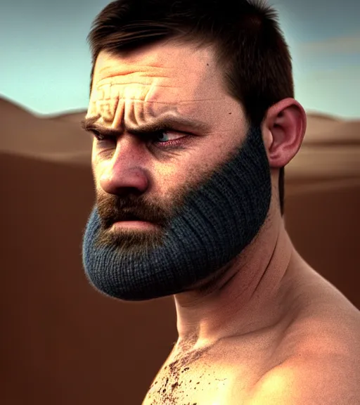 Image similar to portrait of muscular, tired and alcoholic 3 0 - year - old grieving man with short darkblonde hair, serious sad look in his eyes, looking down, dirty beard, blue eyes, crying tears, wearing dirty soldier uniform, on the desert, sad atmosphere, hyper realistic face, character art, art by mark brooks, cryengine, trending on artstation, digital art