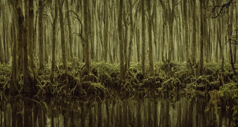 Prompt: A dense and dark enchanted forest with a swamp, by Wes Anderson,