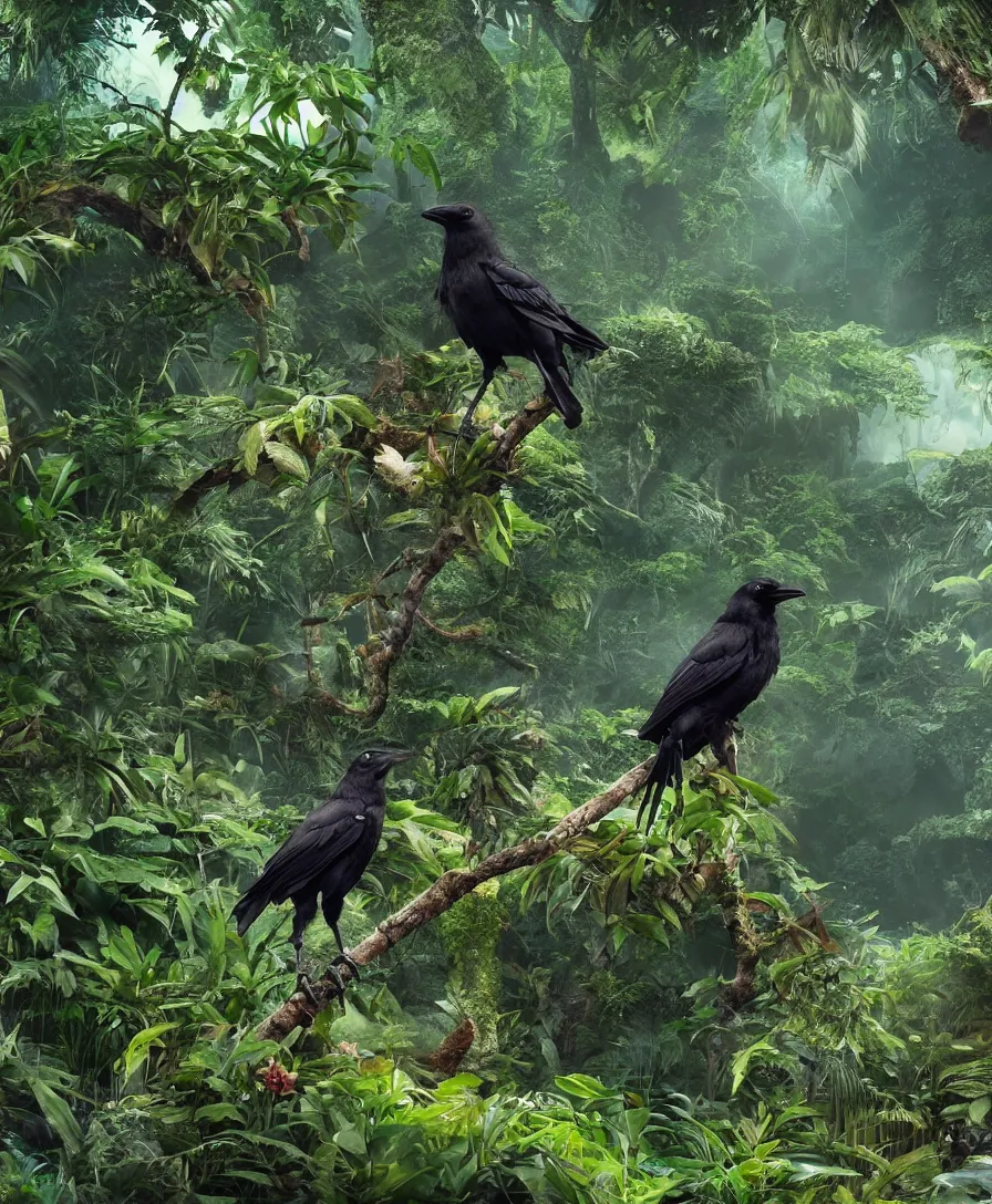 Prompt: beautiful small robotic Crow with in the deep Jungle, epic, cinematic view, 8k, ultra realistic, vibrant colors, photo realism, trending artstation, octane render