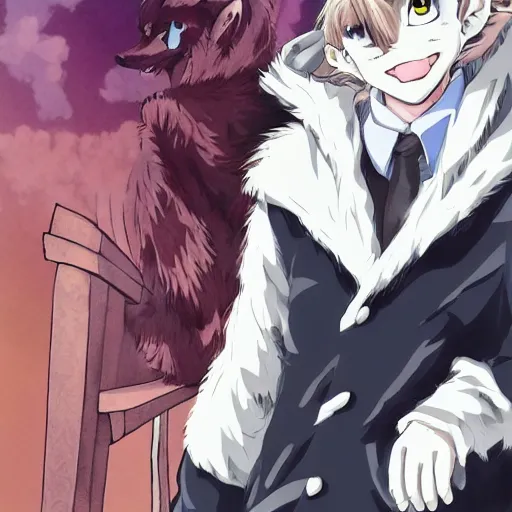 Image similar to key anime visual portrait of an anthropomorphic anthro wolf fursona, in a jacket, with handsome eyes, official modern anime art