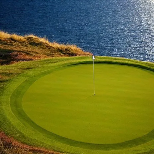 Image similar to a great photo from the teebox of the most amazing golf hole in the words, cliffs by the sea, perfect green fairway, ambient light