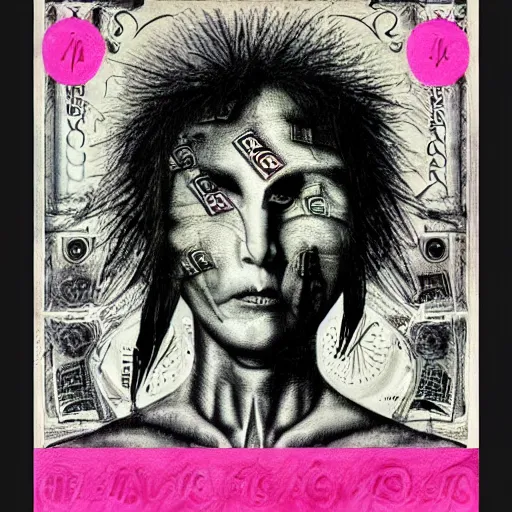 Image similar to post - punk new age album cover, asymmetrical design, frame of a dollar bank notes, capitalism, magic, apocalypse, psychedelic, black white pink, magic, giger h. r., giuseppe arcimboldo