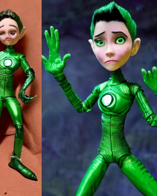 Image similar to actress ruby rose as the purple skinned green lantern soranik natu, as a highly detailed stop motion puppet, in the style of laika studios ’ s paranorman, coraline, kubo and the two strings shot in the style