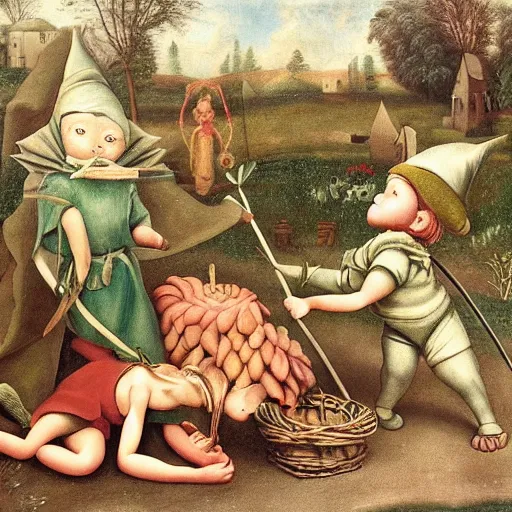 Prompt: creepy garden gnomes renaissance painting