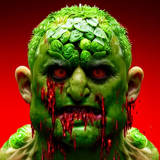 Image similar to a face made of brussels sprouts, horror, terrifying, demon, blood, 8 k, trending on artstation, 8 0 mm photography, hyperrealistic