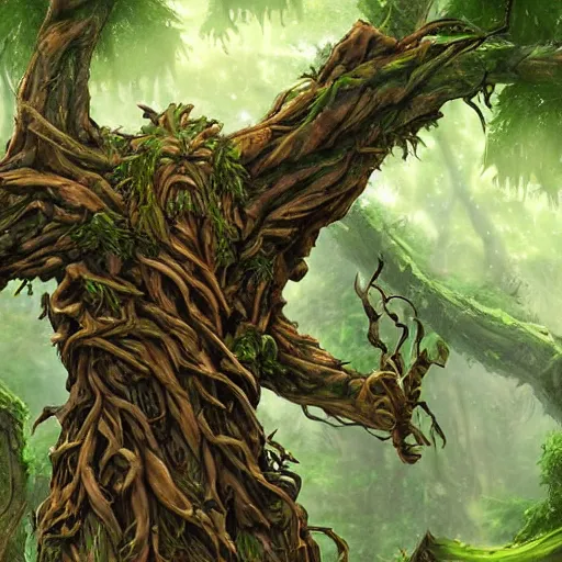 Image similar to giant green old treant creature, treant made of leaves and roots, old treant, old humanoid ents, epic fantasy style, green theme, forest background, hearthstone artwork