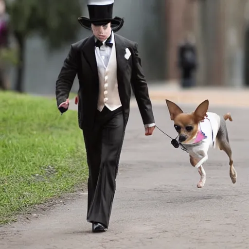 Image similar to a chihuahua wearing a top hat walking Matthew McConaughey on a tightrope