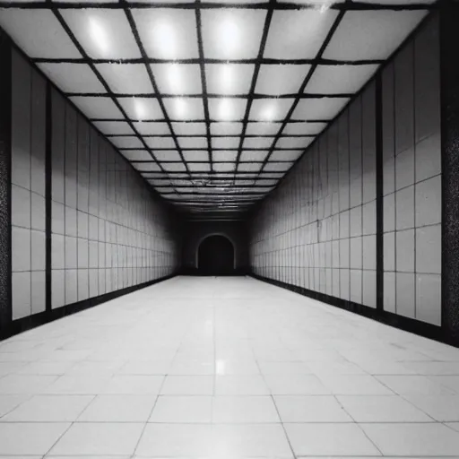Prompt: A long, dark hall; the floor is made of white tiles. The ceiling has a small circular hole in it with faintly glowing stars visible through it at night time. There are no windows or other exits.