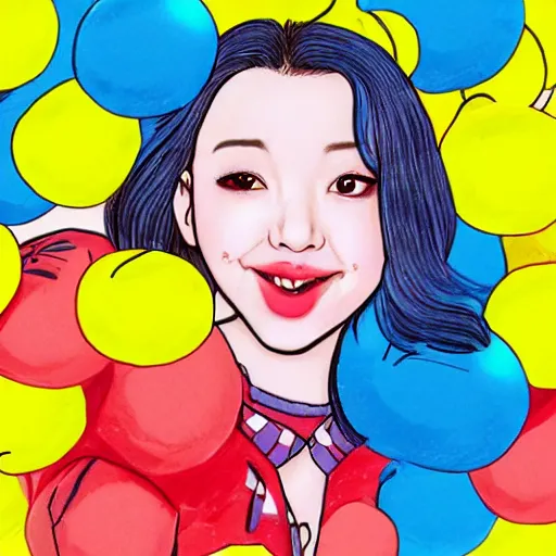 Image similar to an illustration that caricaturizes im nayeon of twice, colorful, bubbles, candy - coated, sugary sweet, yellows and blues