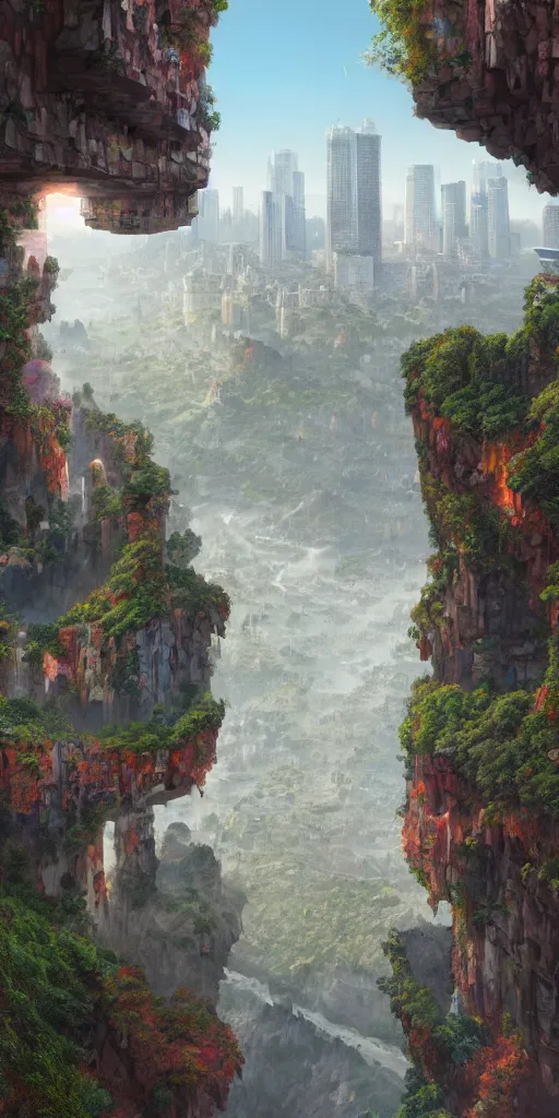 Prompt: a painting of a city built into the side of a cliff, a detailed matte painting by chris labrooy, cgsociety, fantastic realism, matte painting, terragen, artstation hq