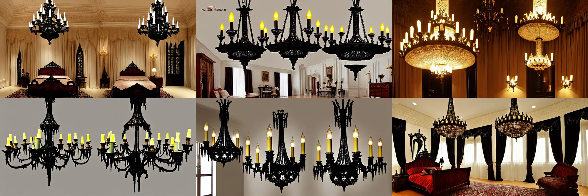 Prompt: premium gothic bedroom design, cast iron chandelier, chicago, shanghai, penthouse