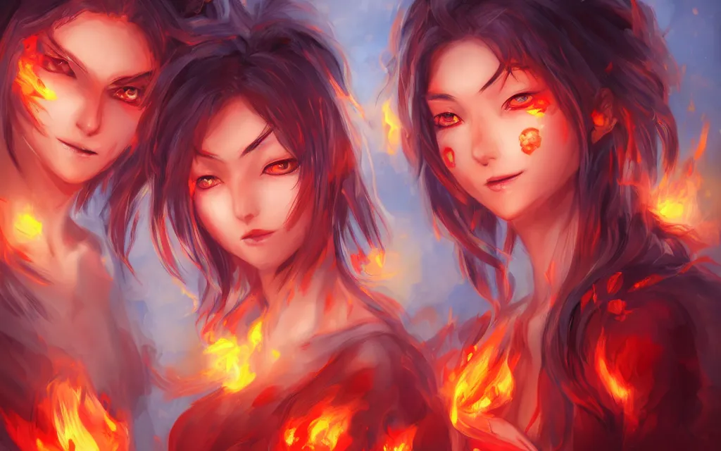 Image similar to A realistic anime portrait of a beautiful fire spirit twins with glowing red eyes and firey skin wearing clothes made of flames, digital painting, by Stanley Artgerm Lau, Sakimichan, WLOP and Rossdraws, digtial painting, trending on ArtStation, SFW version