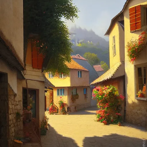 Image similar to A detailed oil painting of a beautiful French village by Michiel Schrijver, Greg Rutkowski, isometric, pastel colors